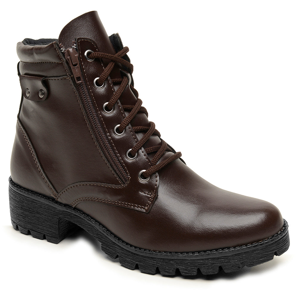 Bota Lux Coturno Feminino Couro Cano Médio Cadarço e Zíper Lateral Bico Redondo Salto Baixo