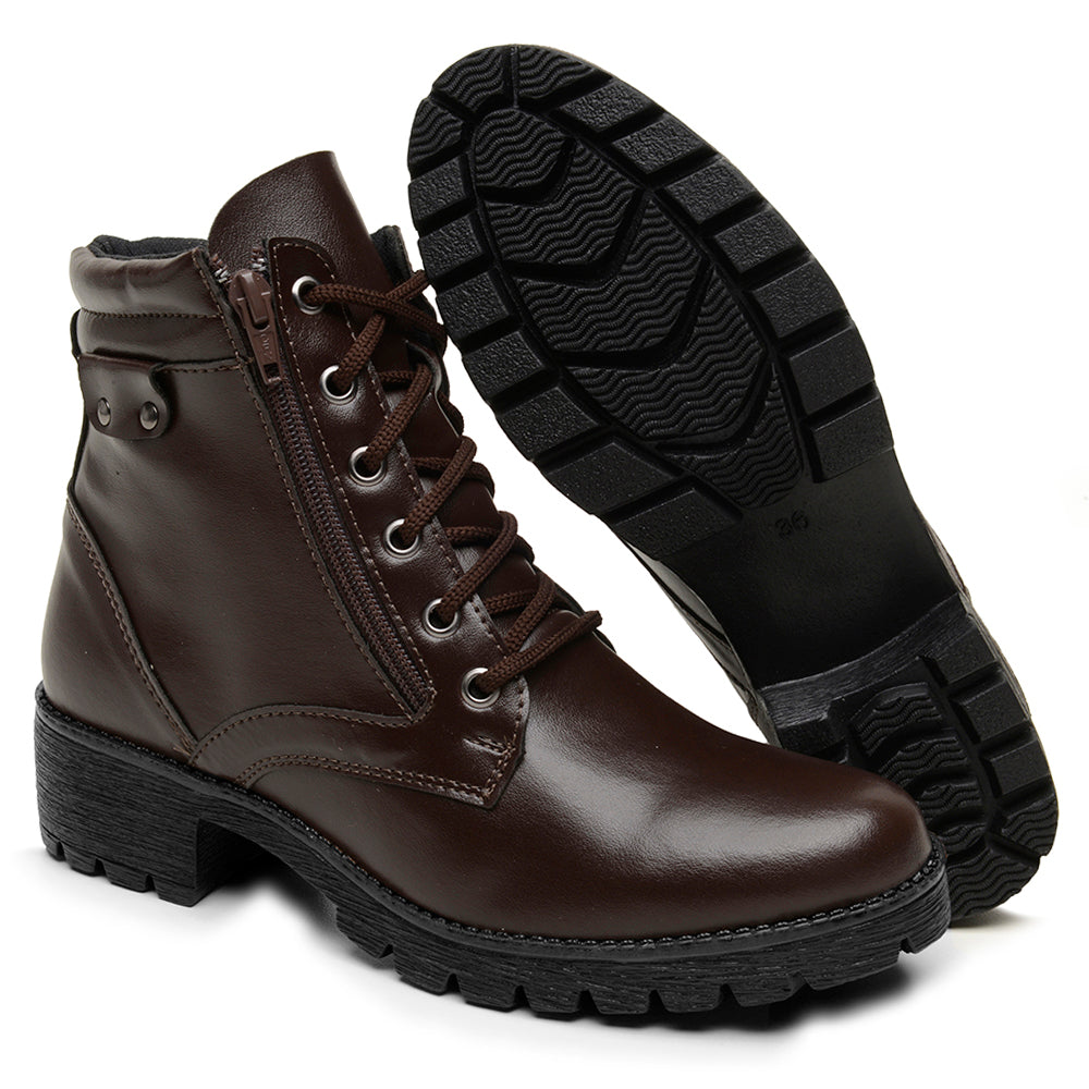 Bota Lux Coturno Feminino Couro Cano Médio Cadarço e Zíper Lateral Bico Redondo Salto Baixo