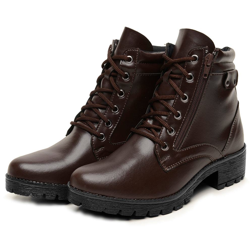 Bota Lux Coturno Feminino Couro Cano Médio Cadarço e Zíper Lateral Bico Redondo Salto Baixo