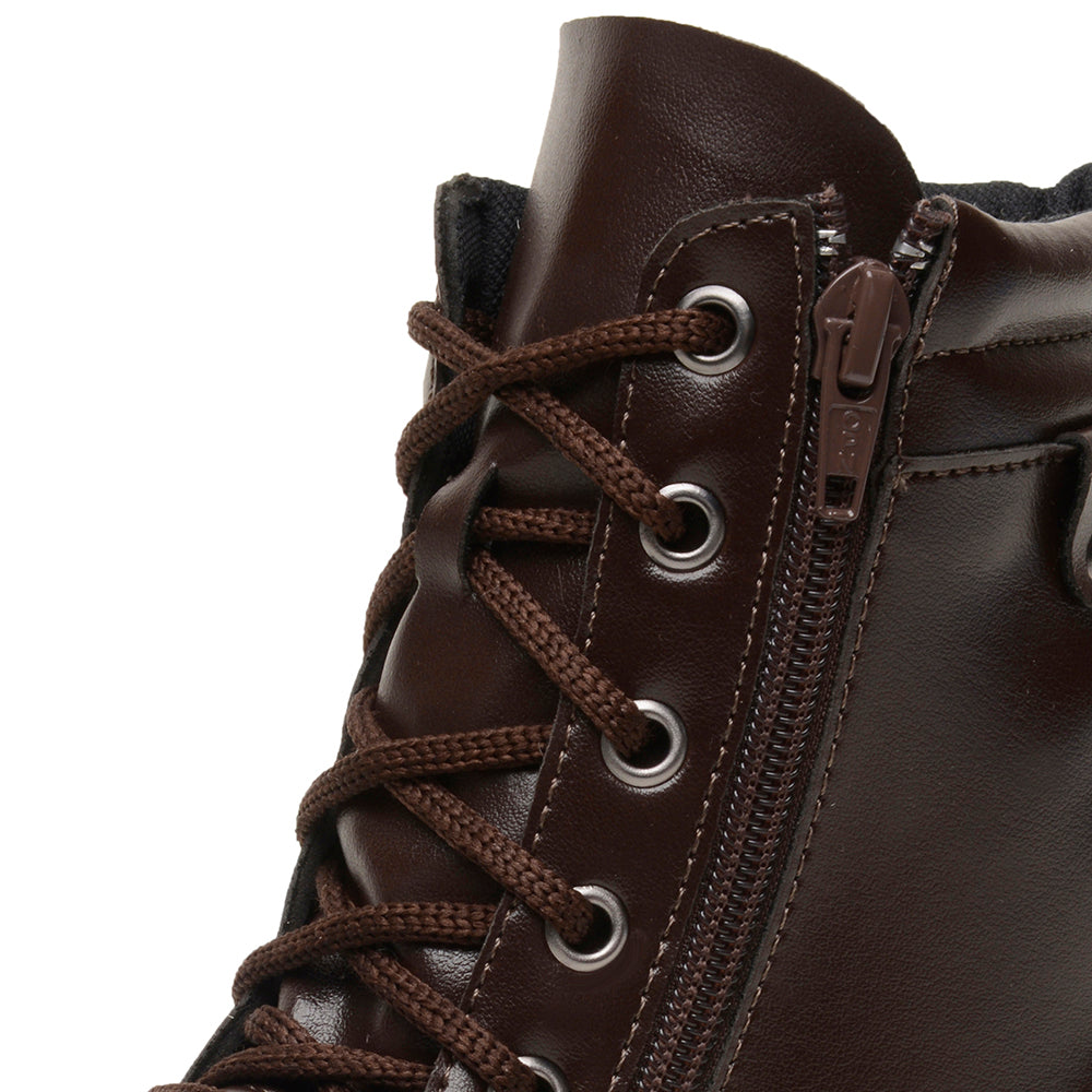 Bota Lux Coturno Feminino Couro Cano Médio Cadarço e Zíper Lateral Bico Redondo Salto Baixo