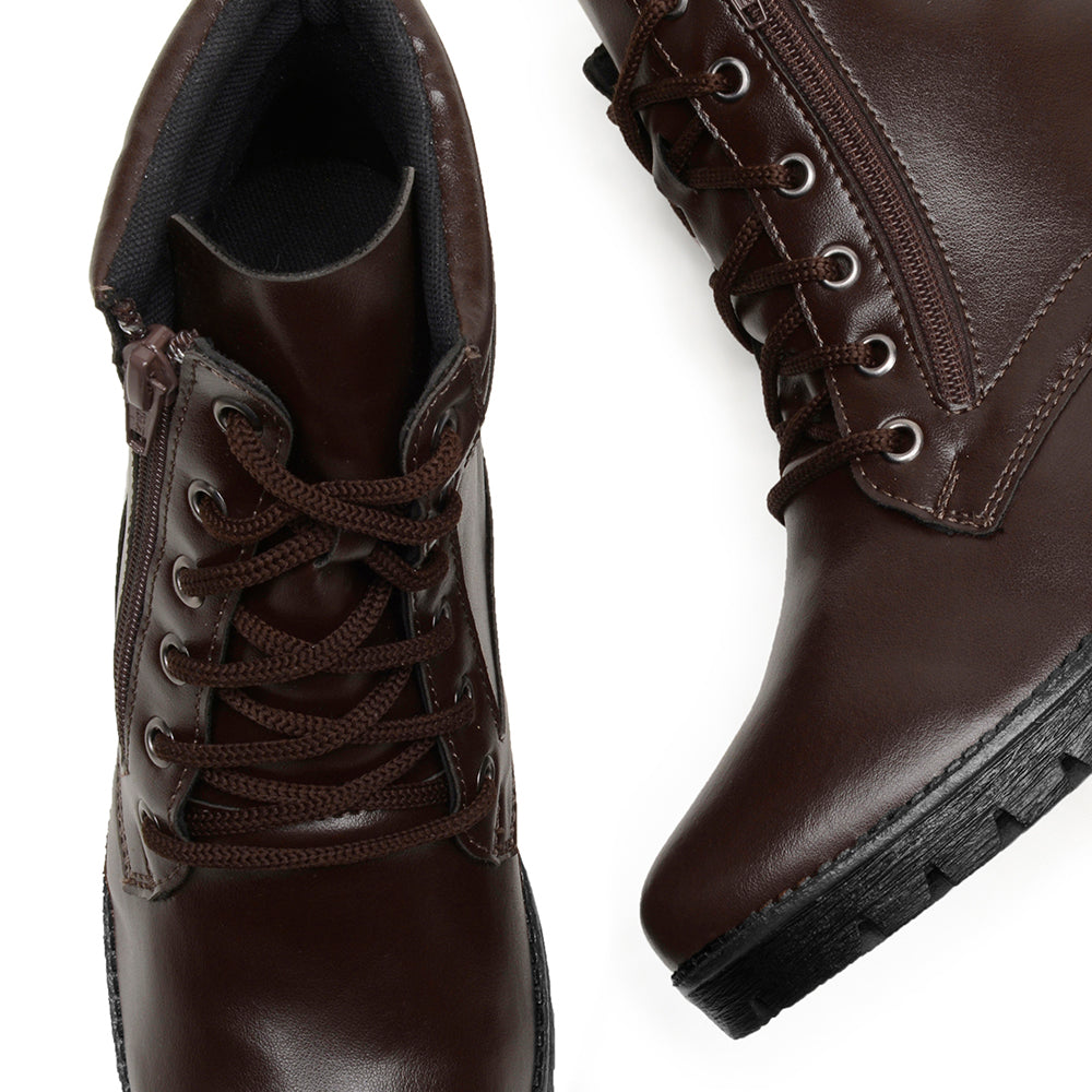 Bota Lux Coturno Feminino Couro Cano Médio Cadarço e Zíper Lateral Bico Redondo Salto Baixo