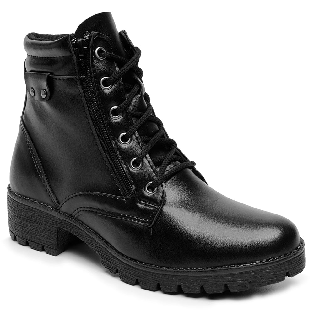 Bota Lux Coturno Feminino Couro Cano Médio Cadarço e Zíper Lateral Bico Redondo Salto Baixo