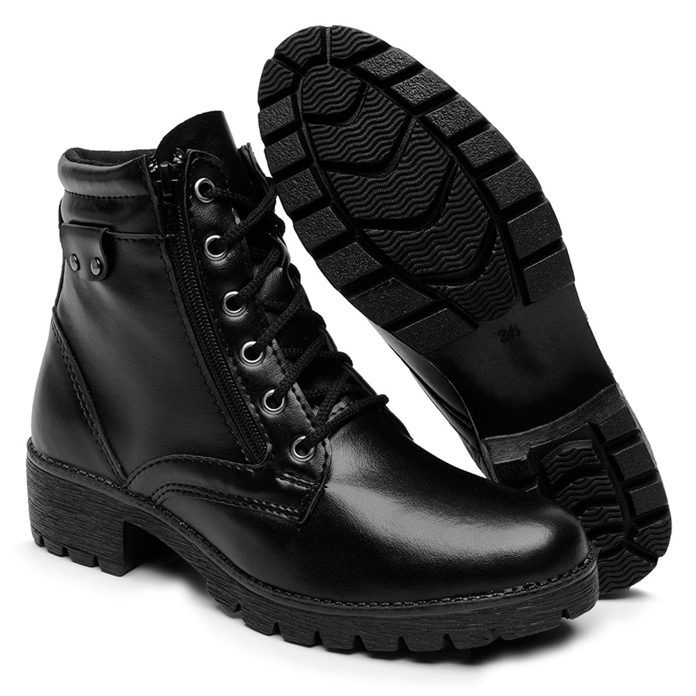Bota Lux Coturno Feminino Couro Cano Médio Cadarço e Zíper Lateral Bico Redondo Salto Baixo