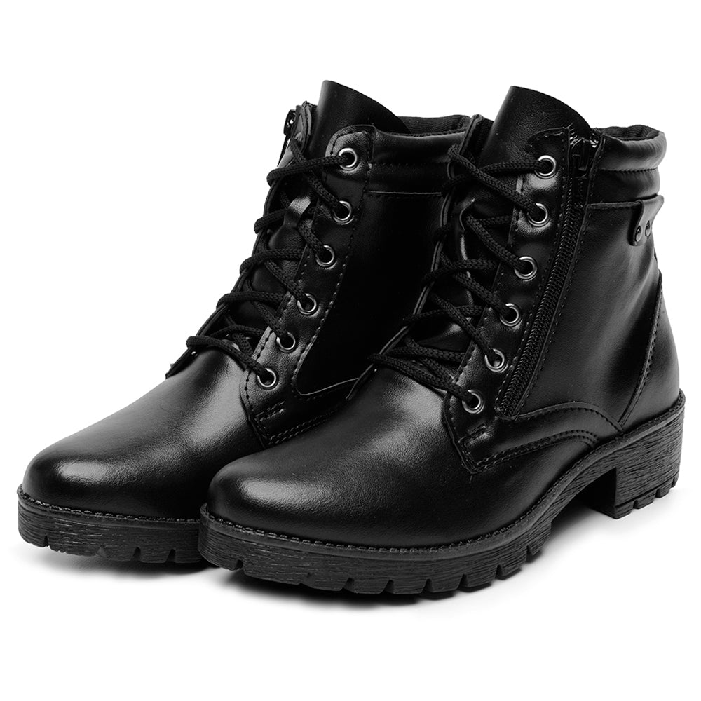 Bota Lux Coturno Feminino Couro Cano Médio Cadarço e Zíper Lateral Bico Redondo Salto Baixo