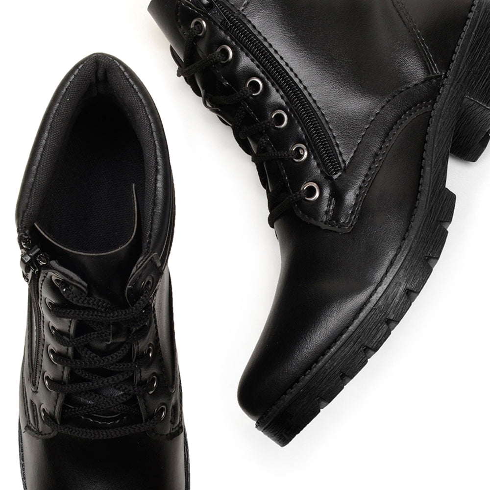 Bota Lux Coturno Feminino Couro Cano Médio Cadarço e Zíper Lateral Bico Redondo Salto Baixo