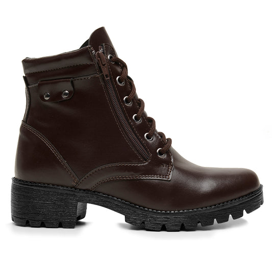 Bota Lux Coturno Feminino Couro Cano Médio Cadarço e Zíper Lateral Bico Redondo Salto Baixo