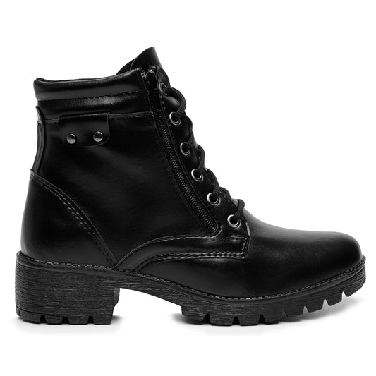 Bota Lux Coturno Feminino Couro Cano Médio Cadarço e Zíper Lateral Bico Redondo Salto Baixo