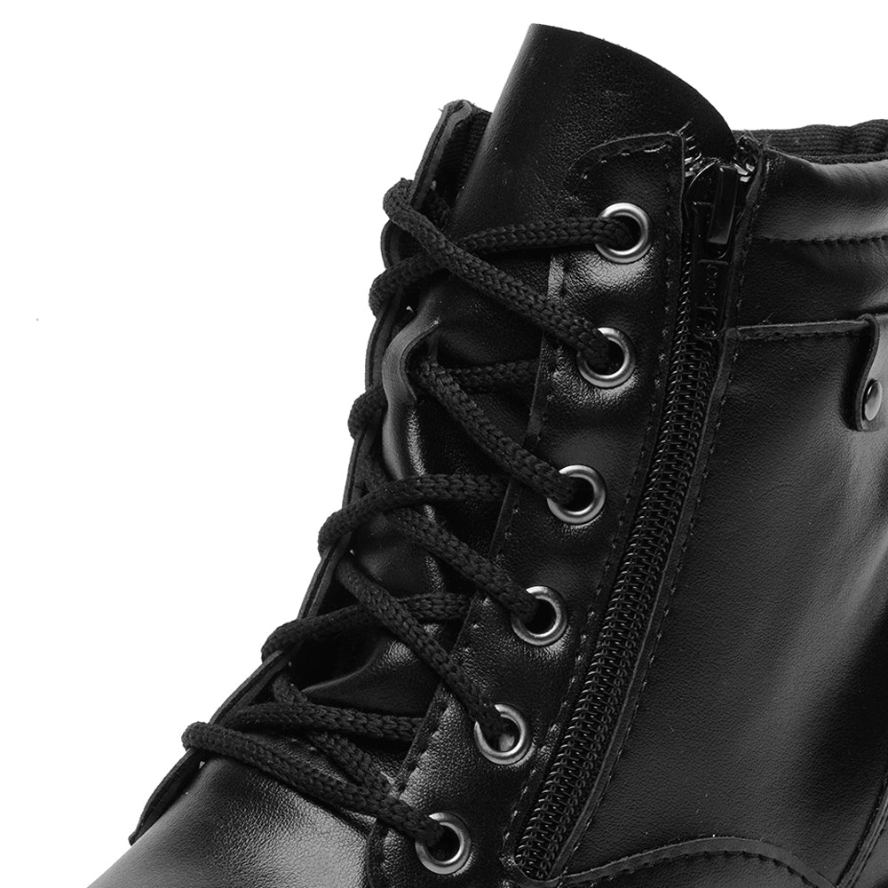Bota Lux Coturno Feminino Couro Cano Médio Cadarço e Zíper Lateral Bico Redondo Salto Baixo